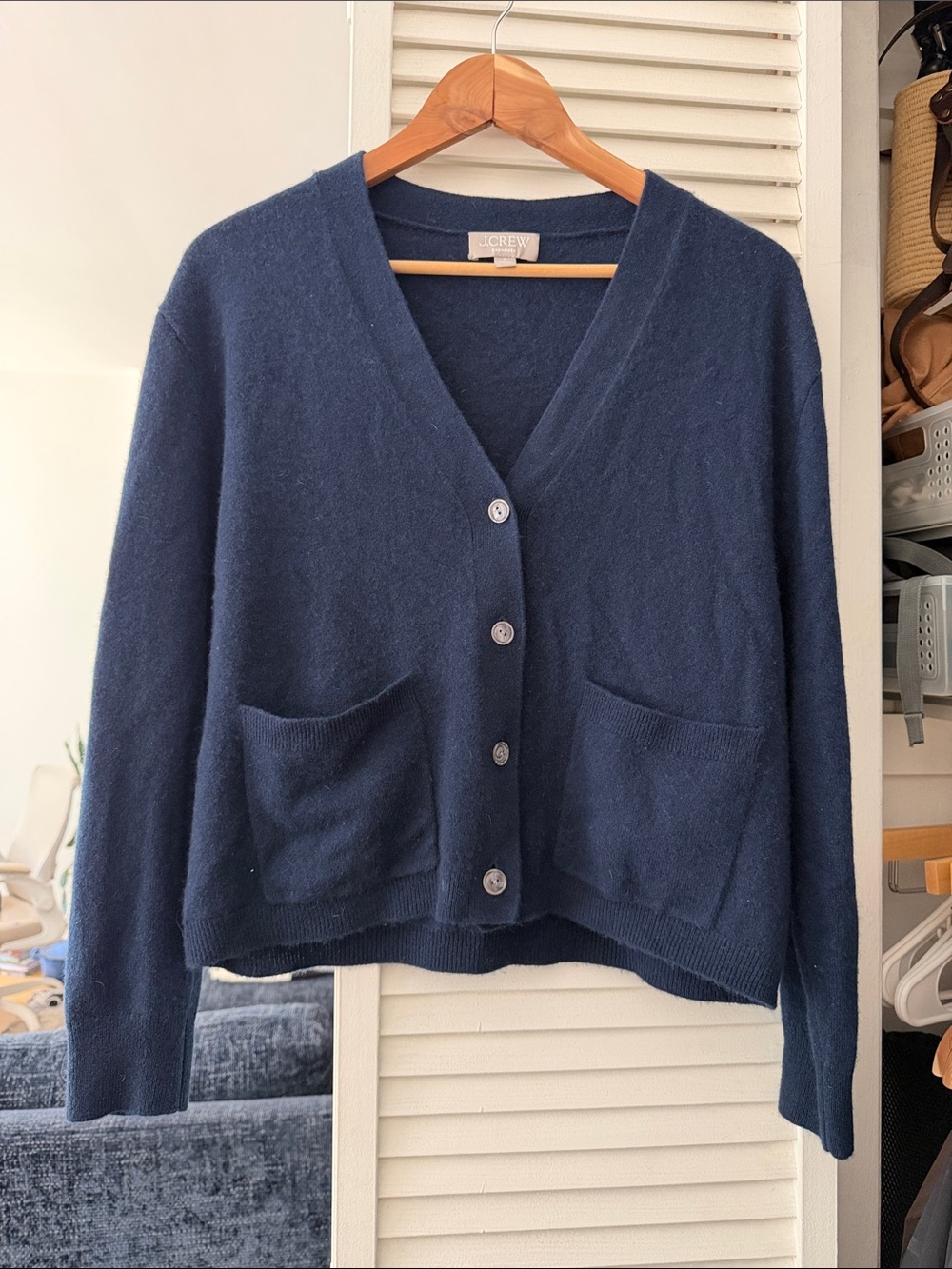 J. Crew Cashmere Dark Navy V-Neck Button Front Pocket Cardigan